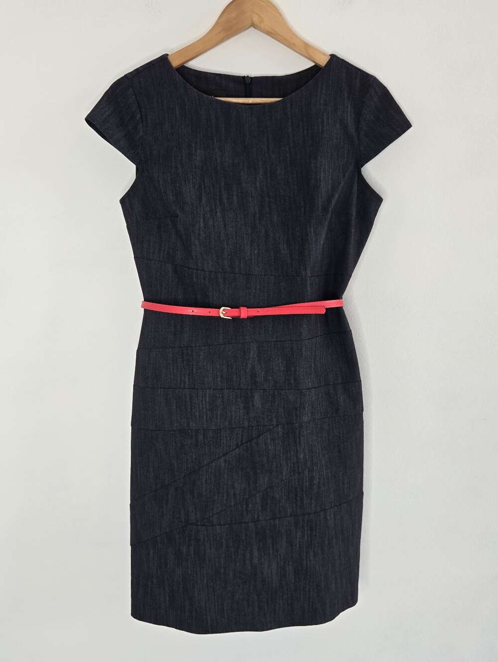 Alyx Classic Dark Blue Denim Sheath Dress with Bright Coral Belt Size 6